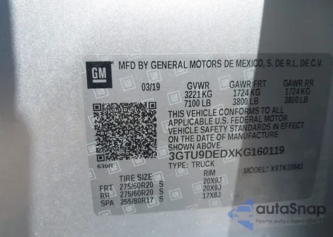 2019 GMC Sierra 1500 Slt из США, поврежденный, VIN 3GTU9DEDXKG160119